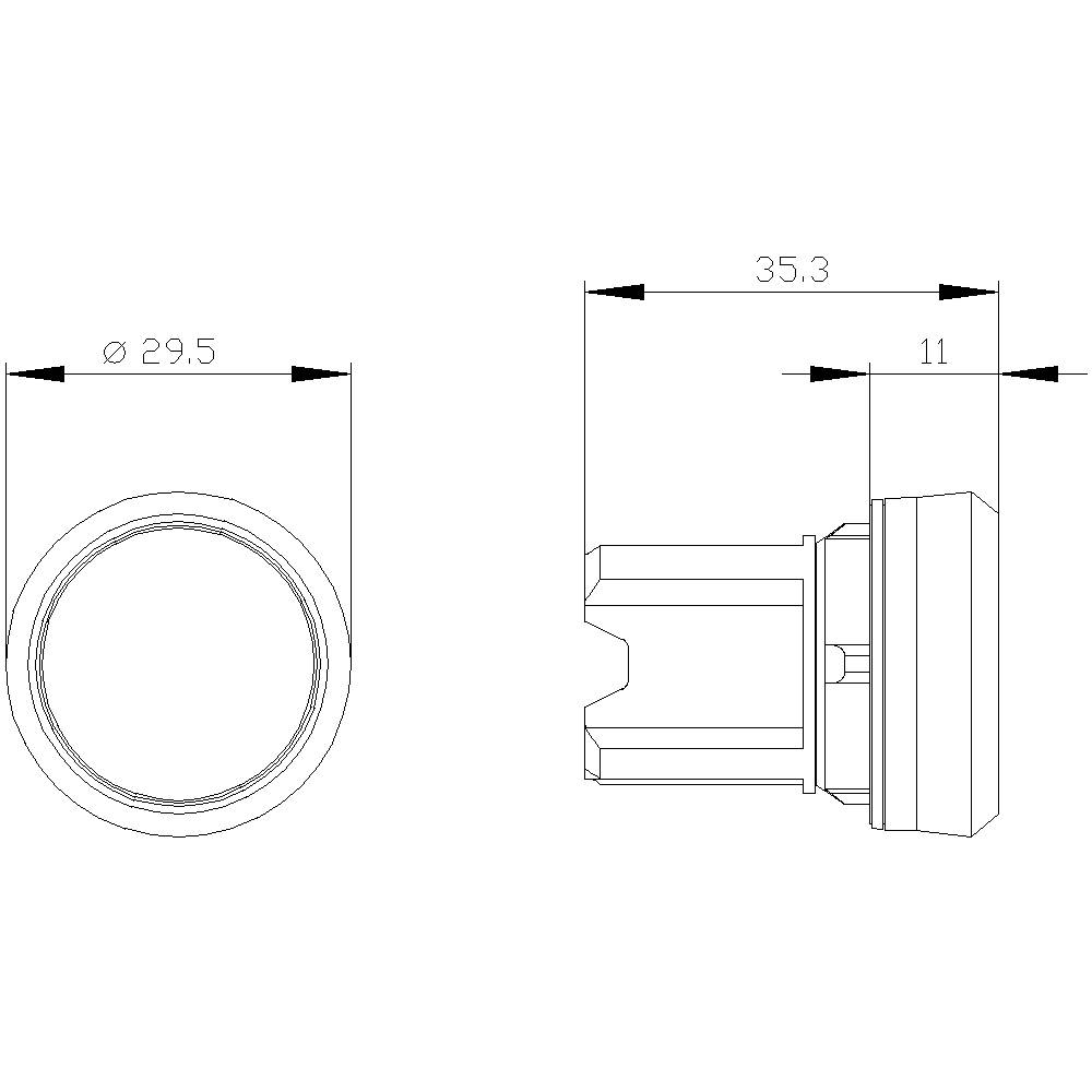 Technische Zeichnung eines zylindrischen Bauteils mit den Maßen: Durchmesser 29,5 mm, Länge 35,3 mm, Tiefe 11 mm. Seiten- und Frontalansicht.