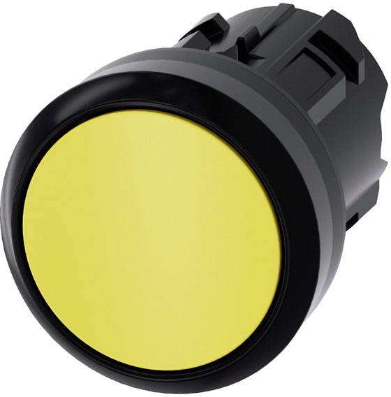 Runder gelber Knopf mit schwarzem Rand, geeignet für industrielle Steuerungspanels.