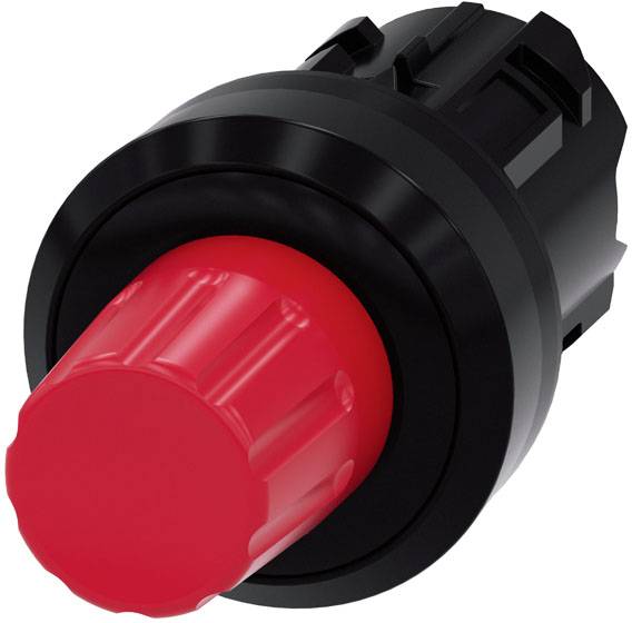 Ein roter, drehbarer Knopf an einem schwarzen Gehäuse, vermutlich zur Steuerung elektronischer Geräte.
