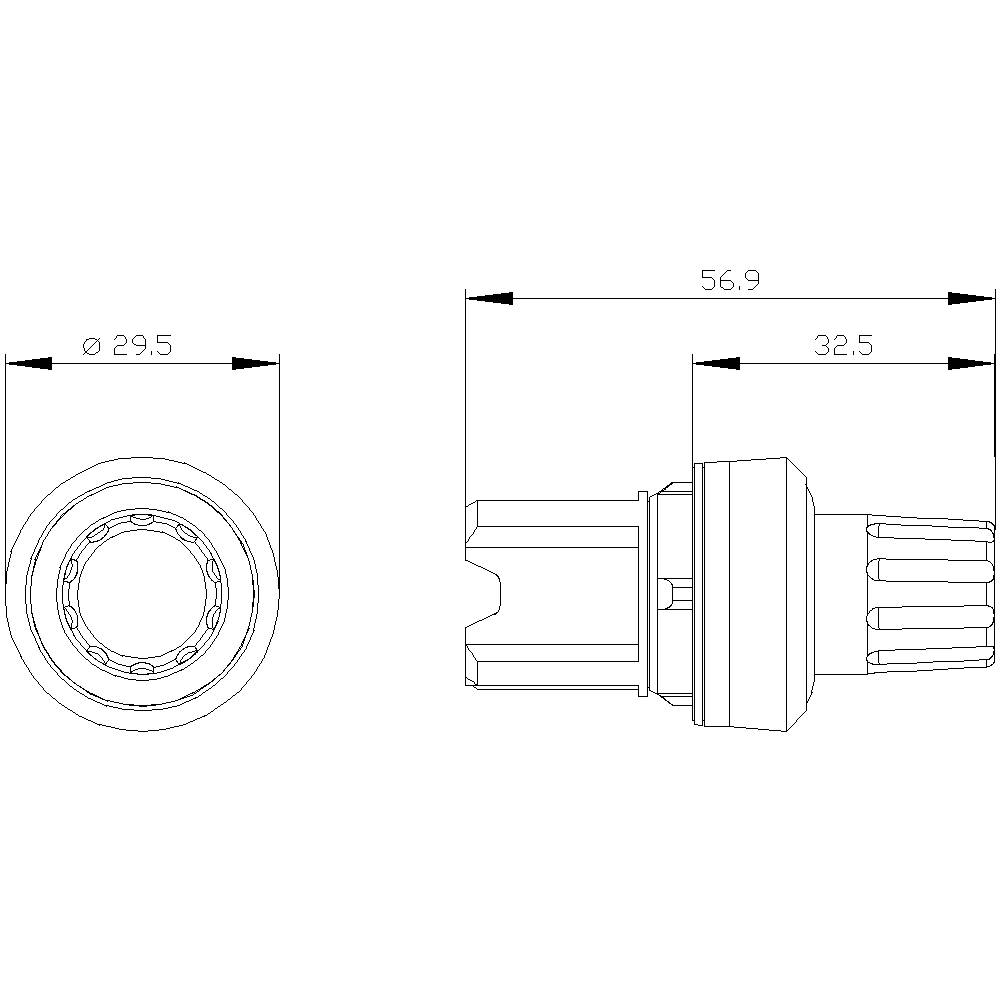Technische Zeichnung eines zylindrischen Bauteils. Links eine Frontansicht mit Ø 29,5 mm, rechts eine Seitenansicht mit Längen 56,9 mm und 32,5 mm.