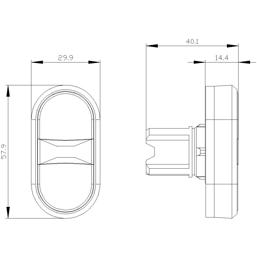 Technische Zeichnung eines ovalen Türgriffs mit Maßangaben: Länge 57,9 mm, Breite 29,9 mm, Profilansicht 40,1 mm, Tiefe 14,4 mm.