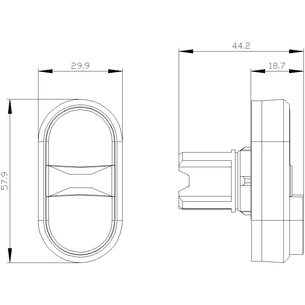 Technische Zeichnung eines ovalen Bauteils mit Maßen: Höhe 57,9 mm, Breite 29,9 mm, Tiefe 44,2 mm und 18,7 mm seitlicher Vorsprung.