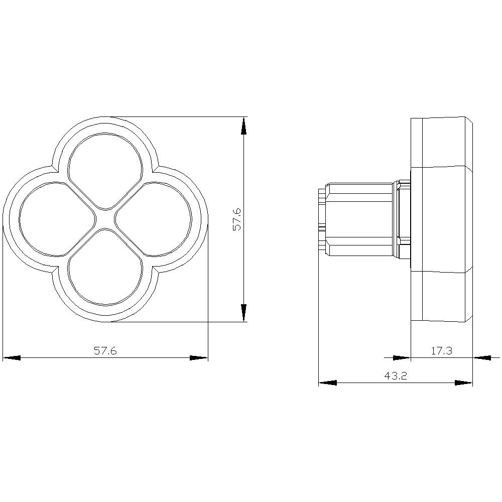 Cad-Zeichnung eines vierblättrigen Kleeblatts mit Maßen. Vorderansicht zeigt Gesamtbreite von 57,6 mm. Seitenansicht zeigt Tiefe von 43,2 mm.