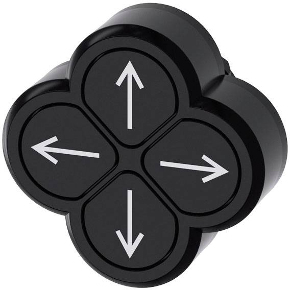 Schwarzer, kreuzförmiger Knopf mit weißen Pfeilen in alle vier Himmelsrichtungen.