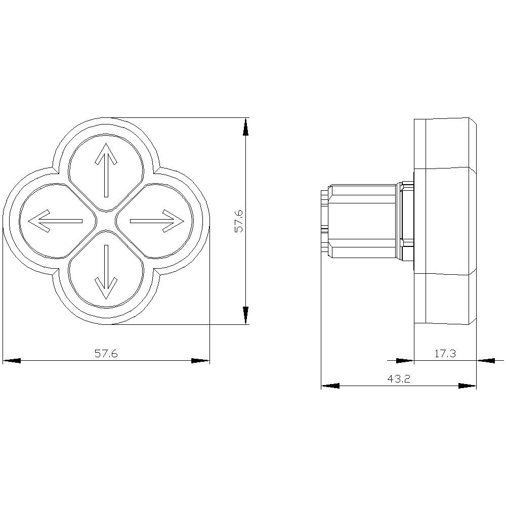 Technische Zeichnung eines kreuzförmigen Bedienknopfes mit Pfeilen in alle Richtungen. Maße sind 57,6 x 43,2 x 17,3 Millimeter.