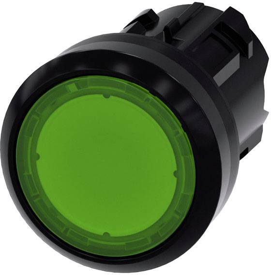 Ein runder, grüner Knopf in einer schwarzen Fassung, häufig verwendet als Ein-/Ausschalter auf elektronischen Geräten.