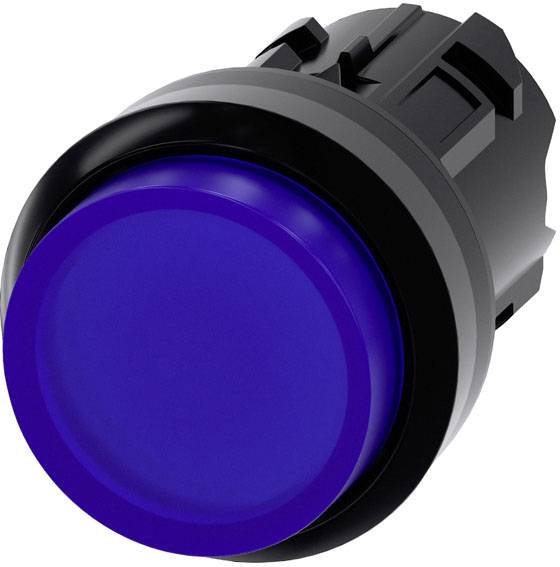 Runder blauer Druckknopf, seitlich fotografiert. Geeignet für elektronische oder mechanische Anwendungen.