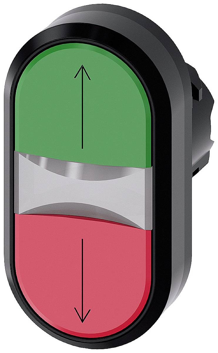 Zweifarbiger Schalter: Grün oben mit Aufwärtspfeil und Rot unten mit Abwärtspfeil, symbolisiert Richtungswahl.
