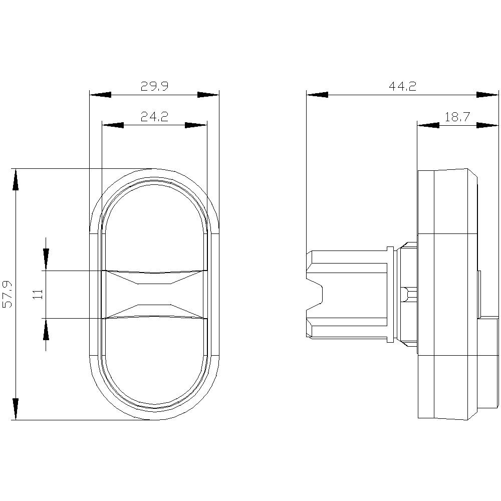 Technische Zeichnung eines ovalen Bauteils mit Maßen: 57,9x29,9 mm oben, 44,2x18,7 mm seitlich. Verbindungsstift in der Mitte.