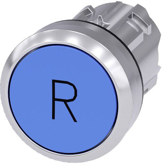 Ein runder blauer Knopf mit einem schwarzen 'R' in der Mitte, umgeben von einem silberfarbenen Rand.