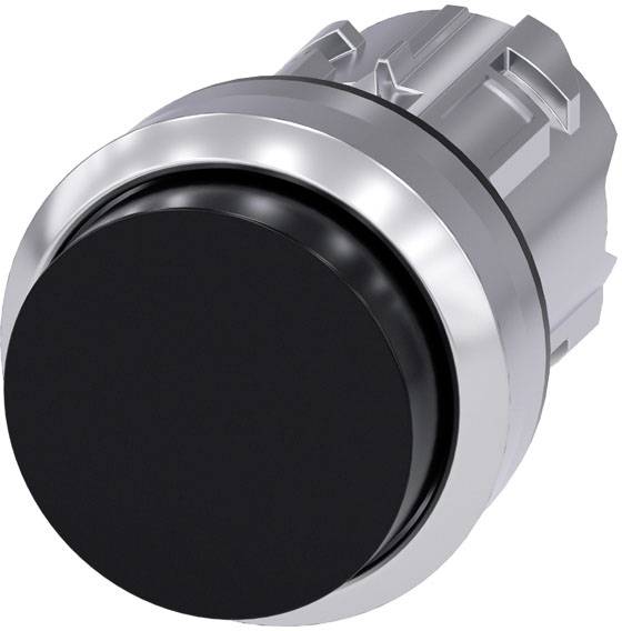 Schwarzer runder Druckknopf mit silbernem Metallrand, geeignet für industrielle Anwendungen, Schutzart IP65.
