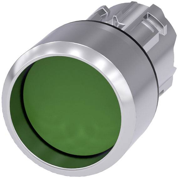 Ein silberfarbener runder Knopf mit grünem Mittelteil und schwarzem Rand, vermutlich ein Lichttaster oder Schalter.