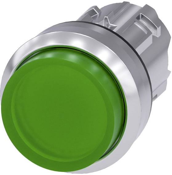 Ein grüner Druckknopf mit silbernem Rand, verwendet zur Steuerung oder Aktivierung von Funktionen in technischen Geräten.