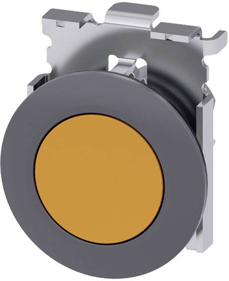 Elektronisches Bauteil mit rundem, orangefarbenem Knopf und grauem Rand. Rahmen aus Metall, geeignet für industrielle Anwendungen.