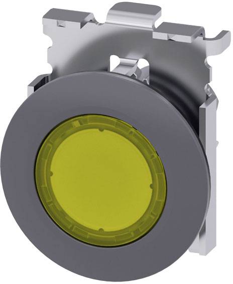 Ein gelber runder Knopf oder Schalter in einem grauen Gehäuse, geeignet für industrielle Anwendungen oder Bedienfelder.