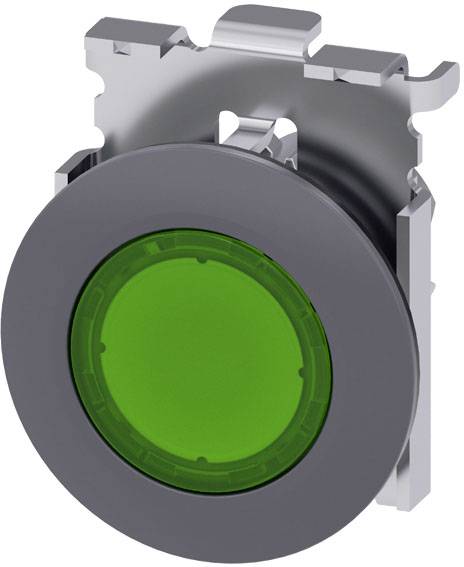 Metallisches Gehäuse mit grünem, rundem Taster. Geeignet für industrielle Anwendungen zur Steuerung oder als Startknopf.