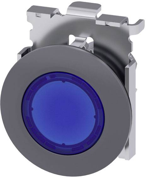 Ein runder blauer LED-Druckknopf in einem silbernen Gehäuse, geeignet für industrielle oder elektronische Anwendungen.