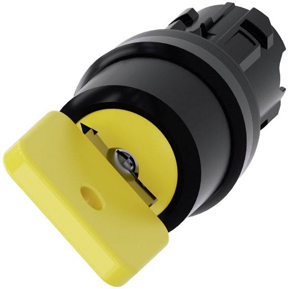Ein runder, schwarzer Schalter mit einem gelben Knopf. Der Schalter scheint Teil eines größeren mechanischen oder elektronischen Systems zu sein.