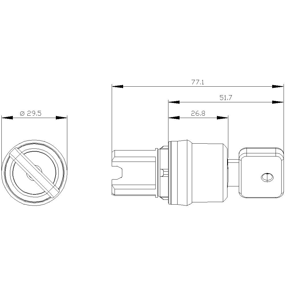 Technische Zeichnung einer Steckverbindung mit Abmessungen: Gesamtlänge 77,1 mm, Teilstücke 51,7 mm und 26,8 mm, Durchmesser 29,5 mm.