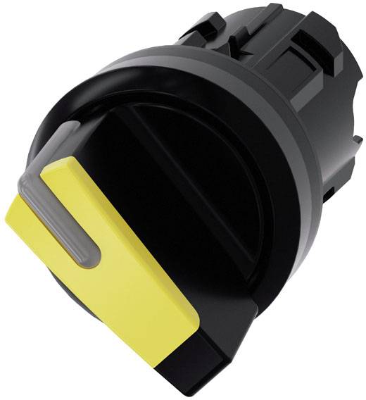 Schwarzer Schalter mit gelbem Hebel, ergonomisches Design, vermutlich Teil eines elektrischen Geräts zur Steuerung oder Sicherung.