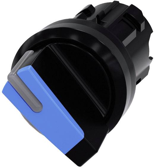 Schwarzer runder Schalter mit einem blauen Hebel, der in einer diagonalen Position steht, wahrscheinlich für elektrische oder mechanische Anwendungen.