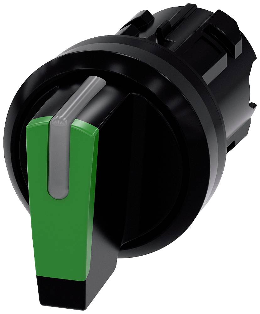 Schwarzer und grüner Schalterknopf in Seitenansicht, verwendet zur Steuerung oder Regelung von Geräten oder Maschinen.