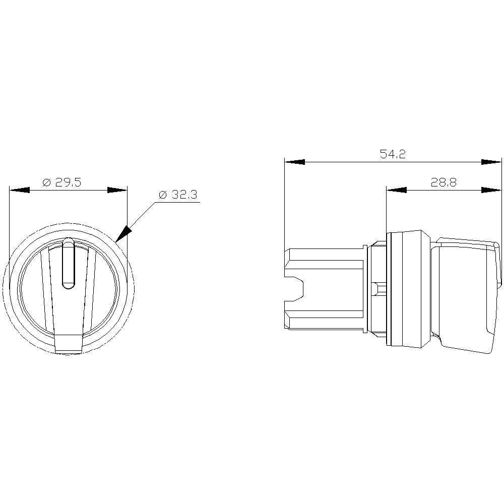 Technische Zeichnung eines zylindrischen Objekts mit Maßangaben. Durchmesser 32,3 mm und 29,5 mm; Länge 54,2 mm und 28,8 mm.