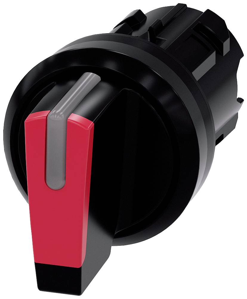 Schwarz-rotes Drehschalter-Design mit markanter roter Hebelfläche. Schalter bietet visuelle Rückmeldung zu Position und Betätigung.