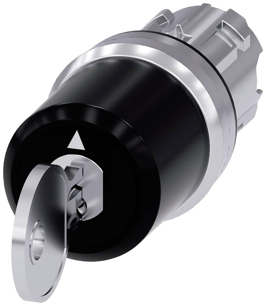 Schlüsselschalter mit einem eingesetzten Schlüssel zeigt nach rechts. Der Schalter ist aus Metall und Kunststoff, wirkt robust und industriell.