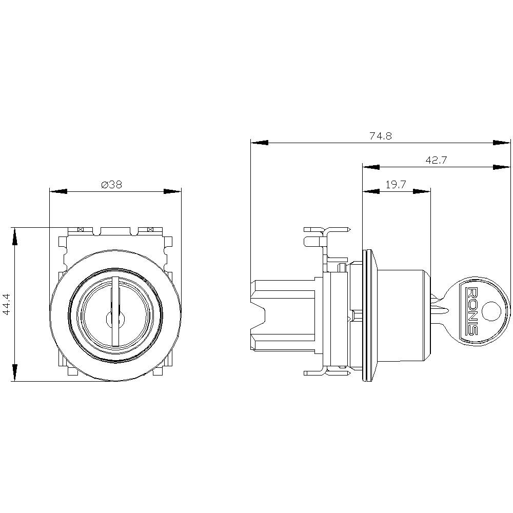 Technische Zeichnung eines elektrischen Schalters mit Schlüssel. Maße: Durchmesser 38 mm, Breite 74,8 mm, Höhe 44,4 mm.