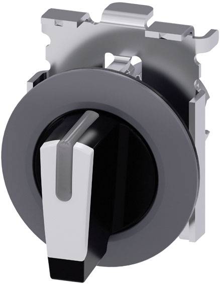 Ein silberner Drehschalter mit schwarzem Griff, umgeben von einer grauen Scheibe, montiert auf einer metallischen Halterung.