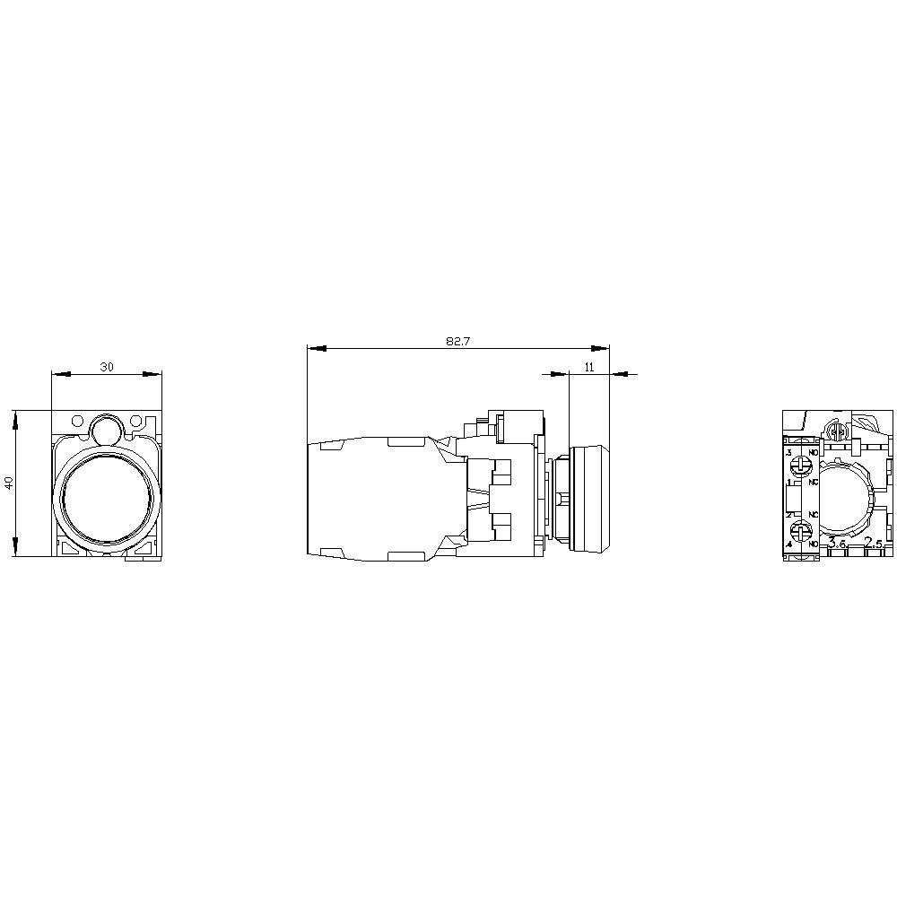 Technische Zeichnung eines zylindrischen Bauteils mit Maßen: Höhe 50 mm, Breite 50 mm, Tiefe 82,7 mm. Zeigt Front-, Seiten- und Oberansicht.