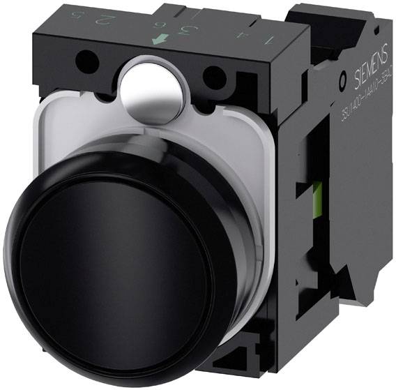 Schwarzer Druckknopf mit silbernem Rand von Siemens, geeignet für industrielle Anwendungen.