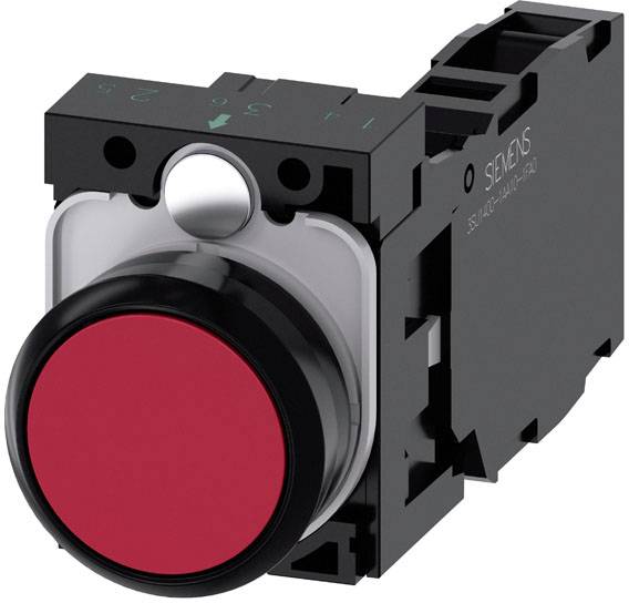 Ein roter Druckknopf auf einem schwarzen Gehäuse, oft in elektronischen Steuerungen verwendet.