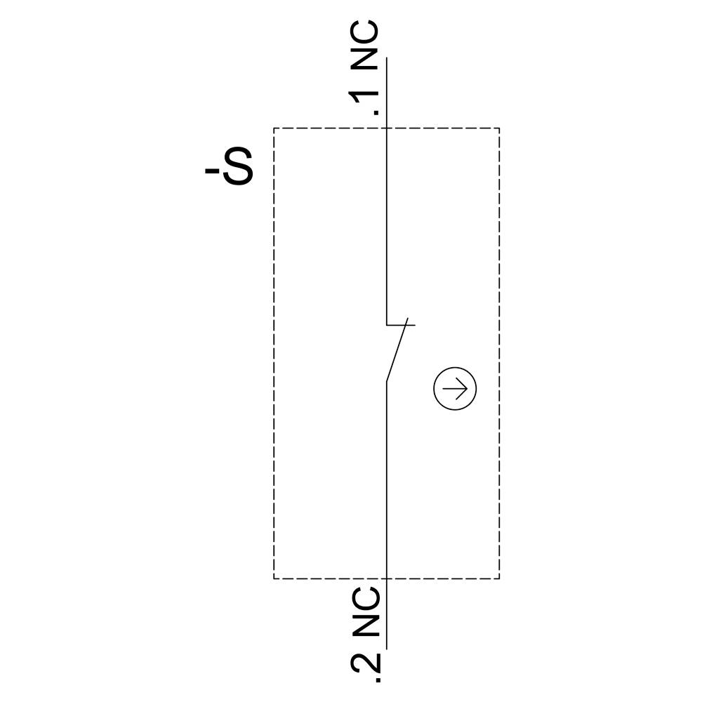 'Schließer'-Schaltsymbol: links 'S', unten '2 NC', oben '1 NC'. Rechteck mit Linie, Pfeil zeigt nach rechts.