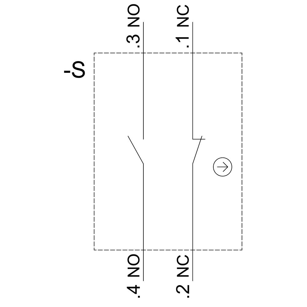 'S' Symbol für elektrischen Schalter. Beschriftungen: '.1 NC', '.2 NC', '.3 NO', '.4 NO'. Darstellung eines Schaltschemas.
