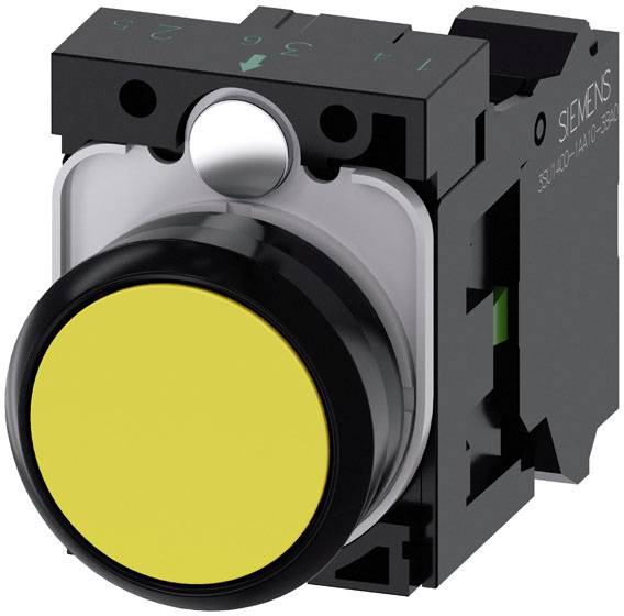 Ein gelber, runder Drucktaster mit quadratischer Basis, hergestellt von Siemens, geeignet für industrielle Steuerungsanwendungen.