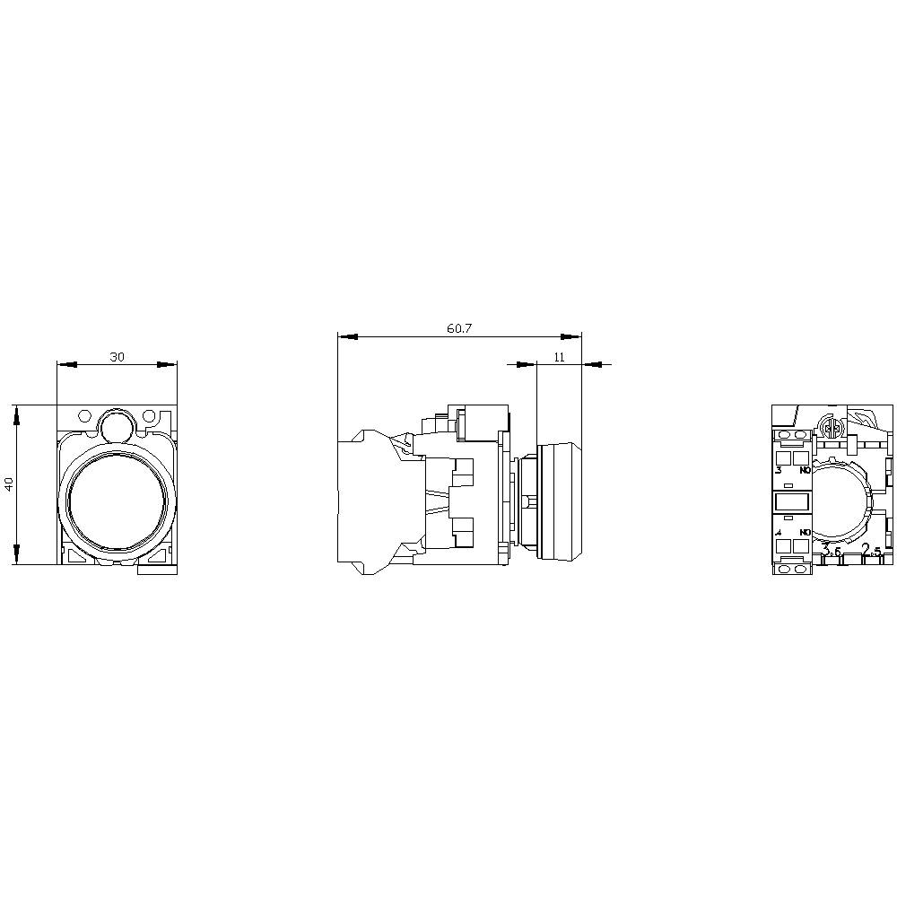Technische Zeichnung eines quadratischen Bauteils mit Maßen 30x40 mm. Zeigt Vorder-, Seiten- und Rückansicht des Teils mit Maßangaben.