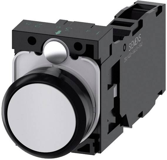 Runder Metall-Druckknopf in einem schwarzen Kunststoffgehäuse, von Siemens. Ideal für Schaltanlagen oder Industrieanwendungen.