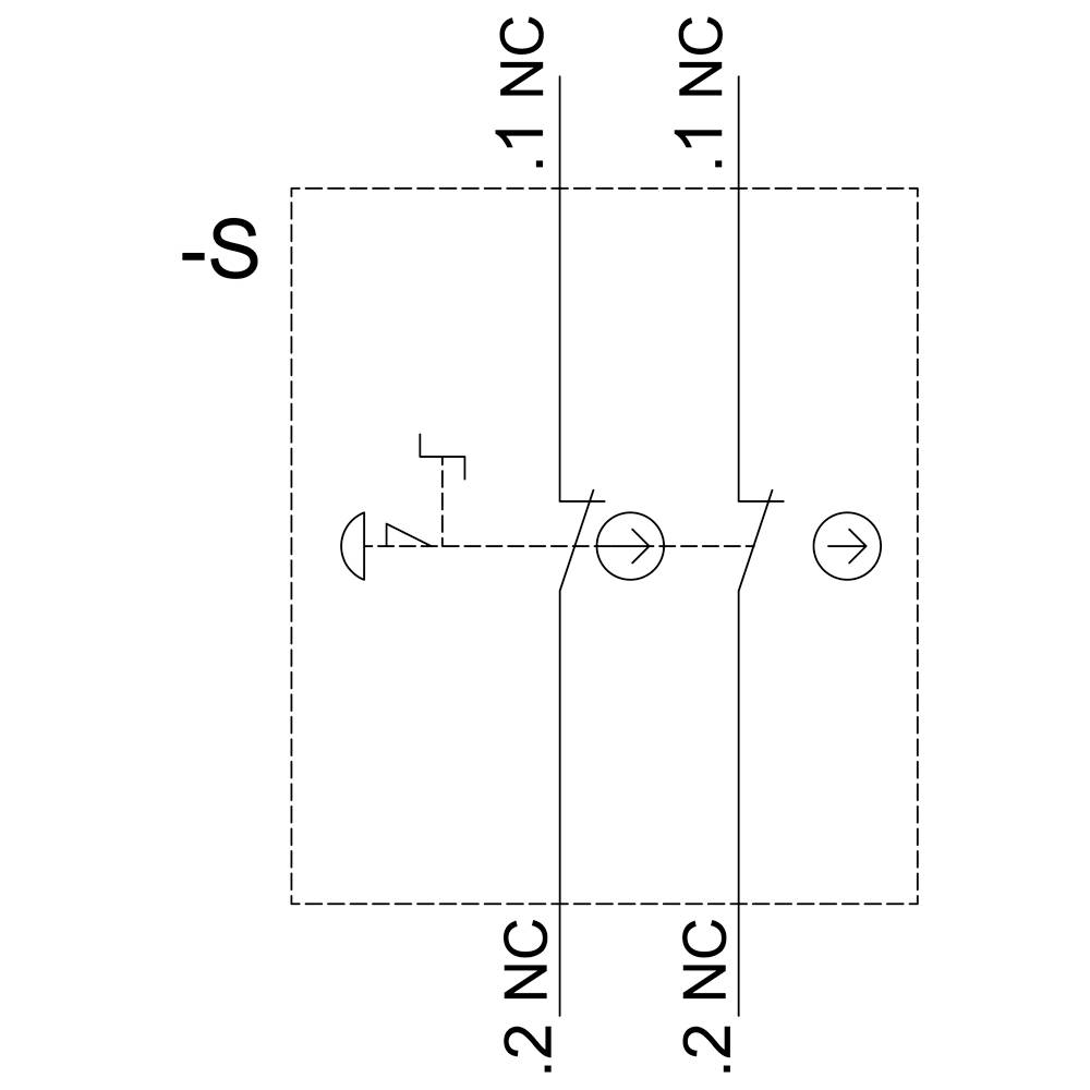 Schaltsymbol zeigt einen Sicherheitskontakt ohne Spannung. Zwei Öffnerkontakte '1 NC' und '2 NC' sind in Reihe geschaltet.