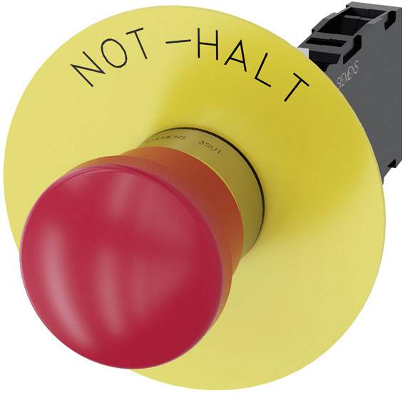 Not-Halt-Taste in Rot und Gelb, mit der Aufschrift 'NOT-HALT'. Sie wird für Notabschaltungen von Maschinen verwendet.