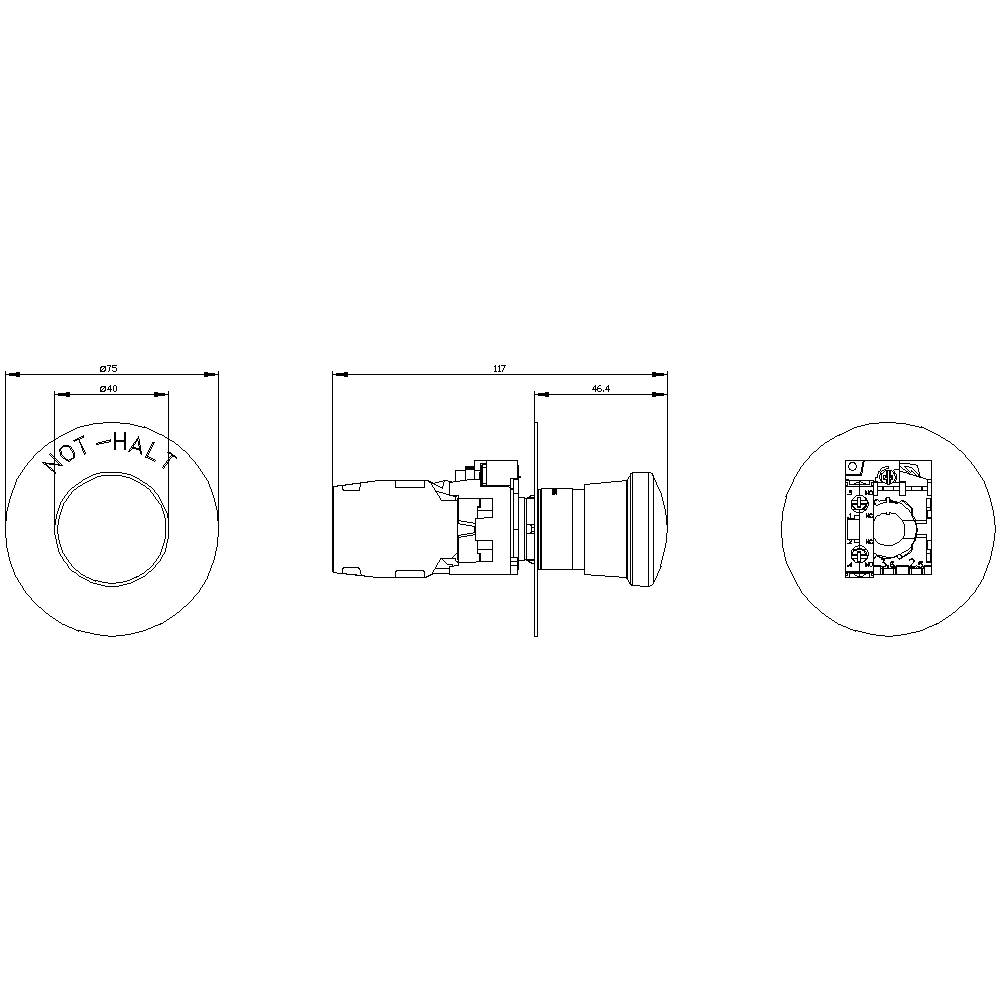 Technische Zeichnung eines Not-Halt-Schalters mit Maßangaben. Ansicht von vorne, der Seite und oben.