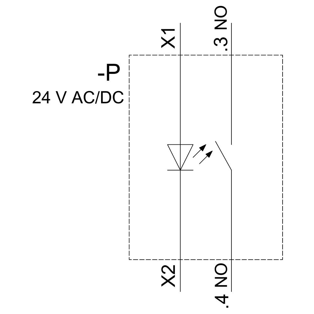 Schaltsymbol mit 24 V AC/DC Versorgung, LED-Anzeige und zwei normalerweise offenen Kontakten, mit Bezeichnungen X1, X2, 3 NO, 4 NO.