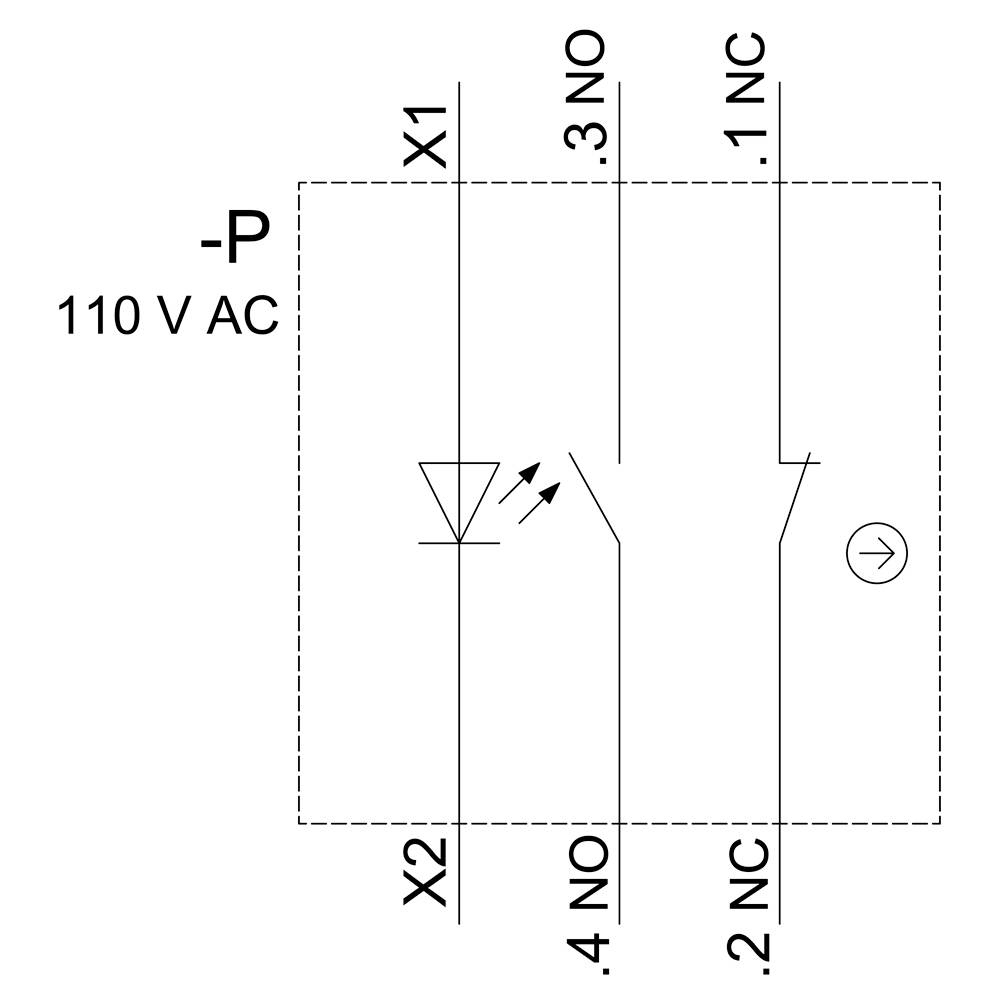 Schaltplan eines Relais mit 110 V AC Eingang. Darstellung zeigt vier Kontakte: zwei Öffner (2 NC, 1 NC) und zwei Schließer (4 NO, 3 NO).
