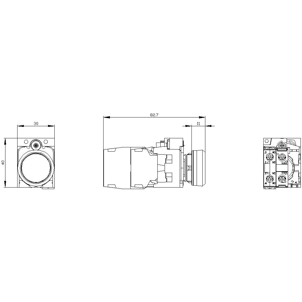 Technische Zeichnung eines elektrischen Schalters mit Front-, Seiten- und Rückansicht. Enthält Maße in Millimetern.