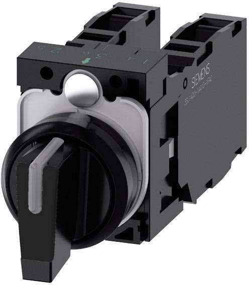 Ein schwarzer elektrischer Schalter mit drehbarer Knaufvorrichtung, offensichtlich ein mechanisches Bauteil, auf neutralem Hintergrund.