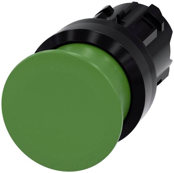 Ein großer grüner Knopf mit schwarzer Umrandung, typischerweise verwendet für Einschaltfunktionen oder als Signalgeber.