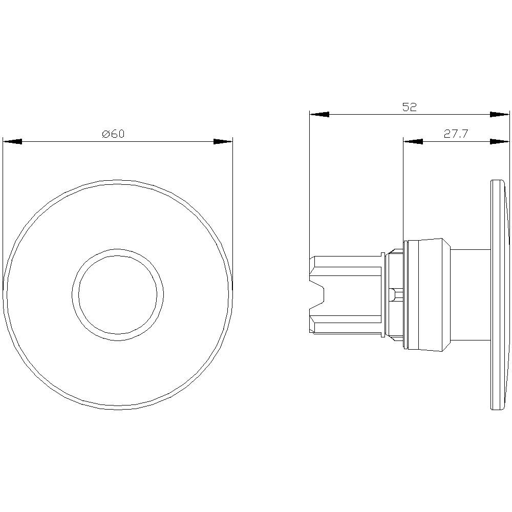Zeichnung einer runden Komponente mit Maßen: Durchmesser 60 mm, Breite 52 mm. Seitenansicht zeigt Detailansicht des Profils.