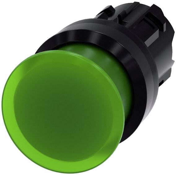 Grüner Knopf eines elektronischen Schalters in einer Nahaufnahme, verwendet zur Bedienung eines Geräts.