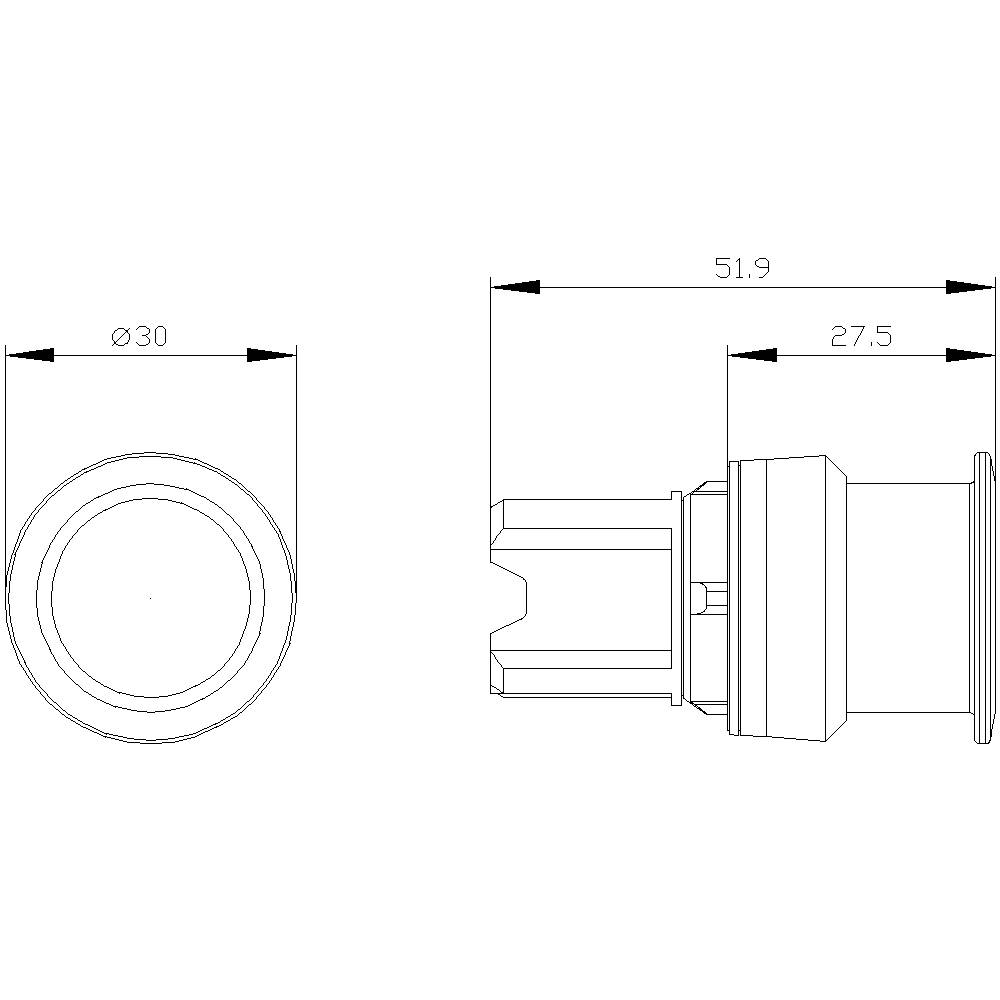Technische Zeichnung eines zylindrischen Bauteils mit Seiten- und Frontansicht. Durchmesser 30 mm, Gesamtlänge 51,9 mm, Detailmaß 27,5 mm.